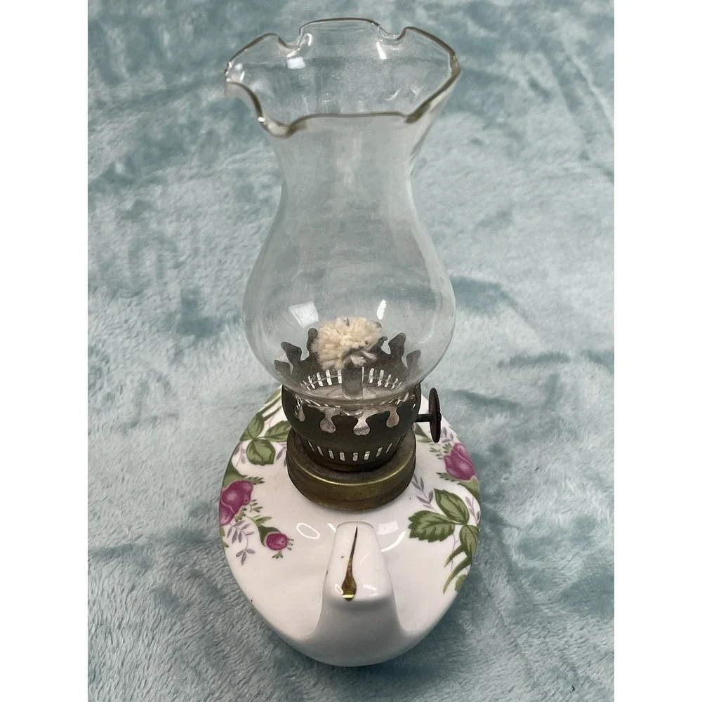 Vintage Mini Oil Lamp Porcelain Floral Finger Lamp Glass Chimney 6